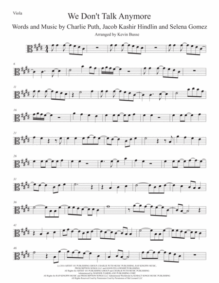 Free Sheet Music We Dont Talk Anymore Original Key Viola