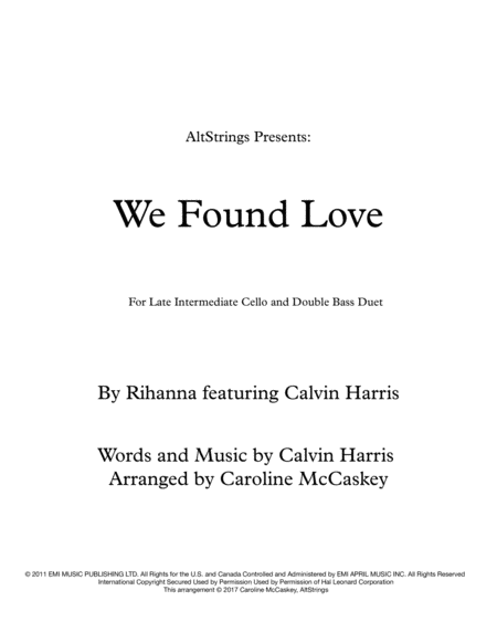 We Found Love Cello And Double Bass Duet Sheet Music