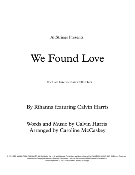 Free Sheet Music We Found Love Cello Duet