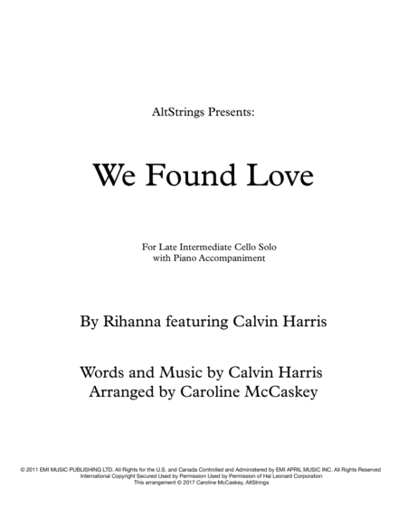 Free Sheet Music We Found Love Cello Solo With Piano Accompaniment