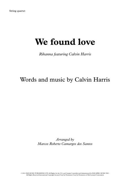 We Found Love Rihanna Feat Calvin Harris String Quartet Sheet Music
