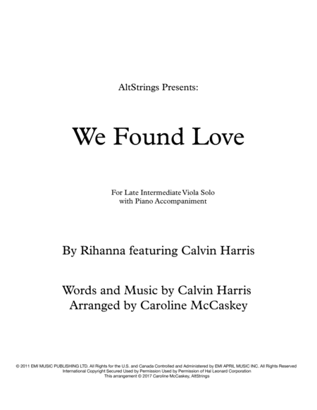 Free Sheet Music We Found Love Viola Solo With Piano Accompaniment