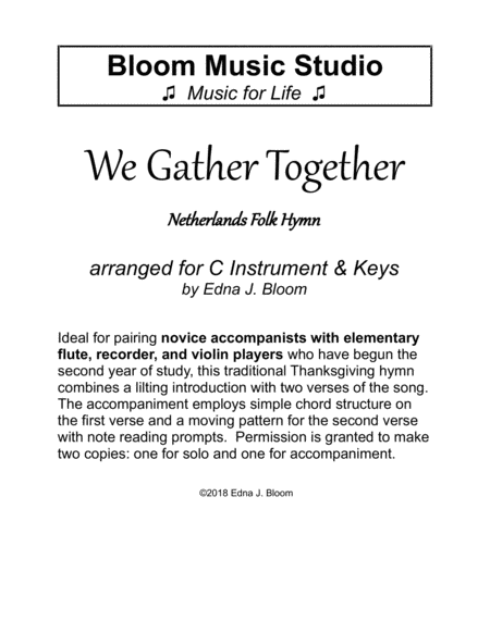 Free Sheet Music We Gather Together Flute Keys Thanksgiving Duet