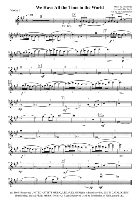 We Have All The Time In The World Violin 1 Play A Long The Violin 1 Part Of The Louis Armstrong Recording For James Bond Sheet Music