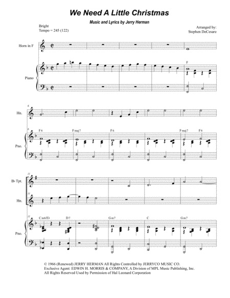 We Need A Little Christmas Duet For Bb Trumpet And French Horn Sheet Music