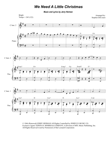 Free Sheet Music We Need A Little Christmas Duet For C Instruments