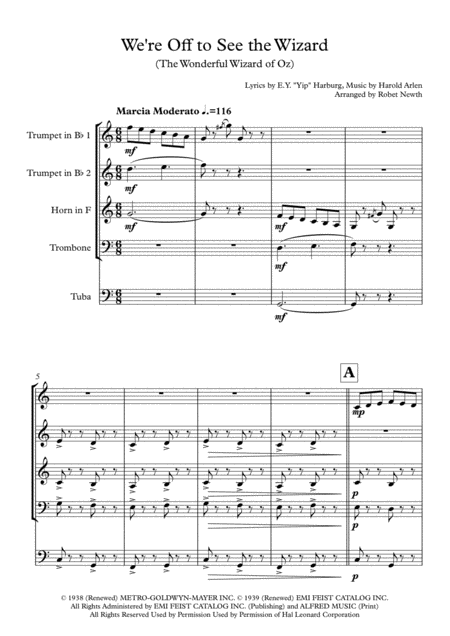 We Re Off To See The Wizard From The Wizard Of Oz For Brass Quintet Sheet Music