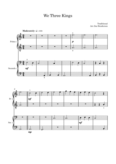 We Three Kings Easy Piano Duet Sheet Music