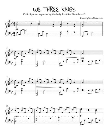 We Three Kings For Piano Solo Intermediate Level 5 Celtic Arrangement By Kimberly Steele Sheet Music