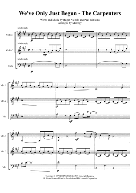 Free Sheet Music We Ve Only Just Begun The Carpenters Arranged For String Trio