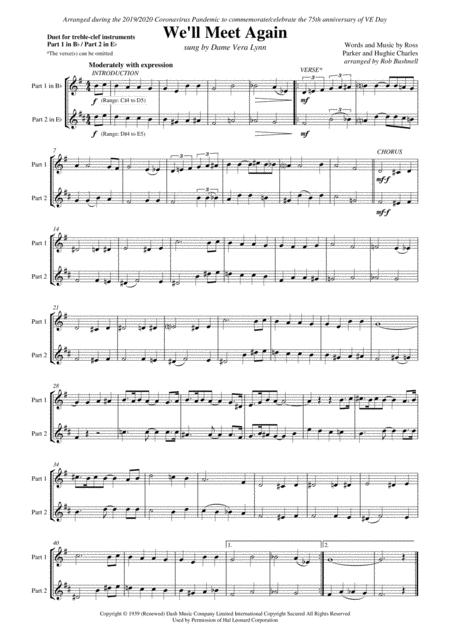 We Will Meet Again Vera Lynn Duet For Two Treble Clef Instruments Part 1 In B Flat Part 2 In E Flat Sheet Music