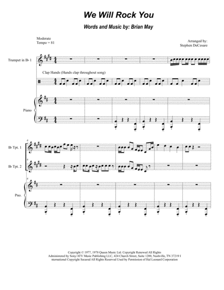 Free Sheet Music We Will Rock You Duet For Bb Trumpet