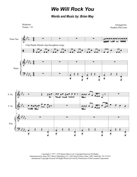 We Will Rock You Duet For Soprano And Tenor Saxophone Sheet Music