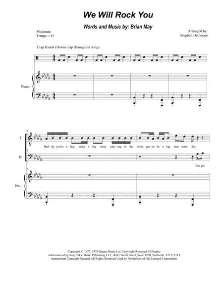 Free Sheet Music We Will Rock You Duet For Tenor And Bass Solo