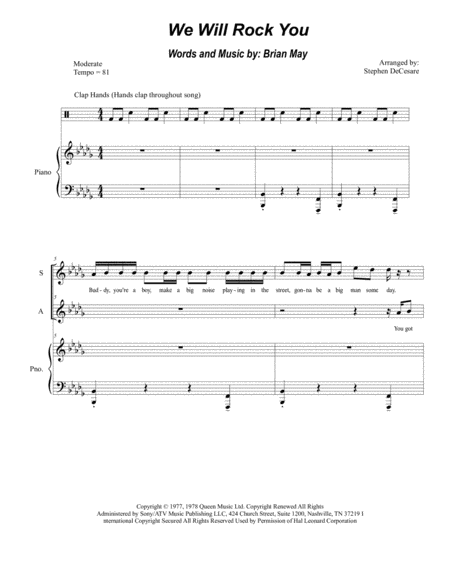 Free Sheet Music We Will Rock You For 2 Part Choir Sa