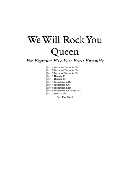 We Will Rock You For Beginner Flexible Five Part Brass Ensemble Sheet Music