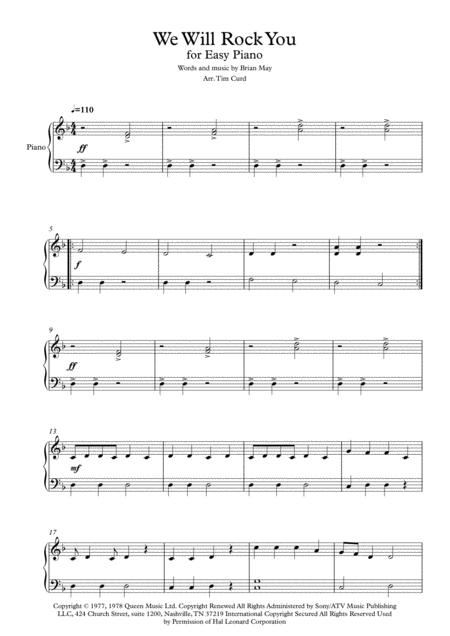 We Will Rock You For Easy Piano Sheet Music