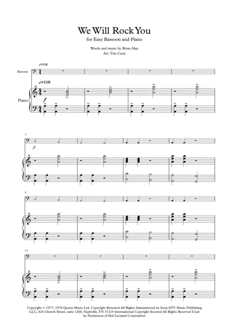 Free Sheet Music We Will Rock You For Easy Solo Bassoon And Piano