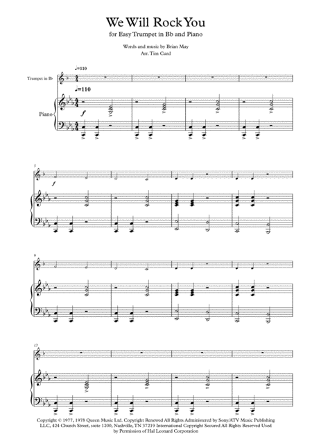 Free Sheet Music We Will Rock You For Easy Solo Trumpet In Bb And Piano