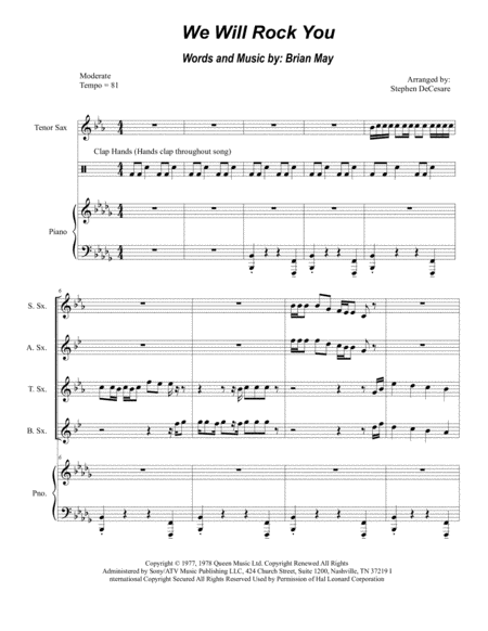 Free Sheet Music We Will Rock You For Saxophone Quartet And Piano