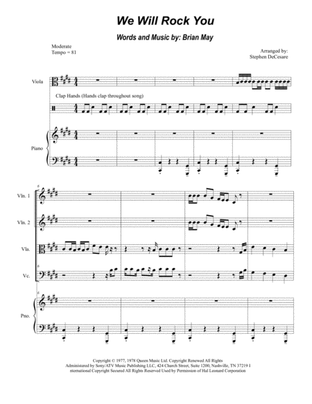 Free Sheet Music We Will Rock You For String Quartet And Piano