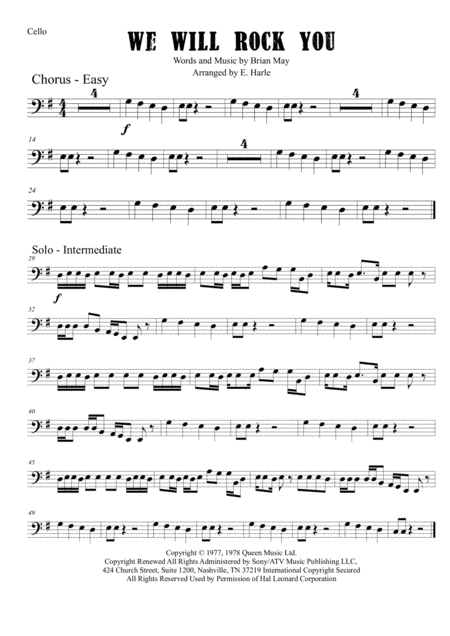 We Will Rock You Solo Cello Or Cello Duet Sheet Music