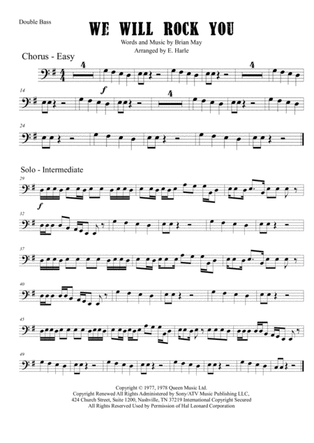 We Will Rock You Solo Double Bass Or Double Bass Duet Sheet Music