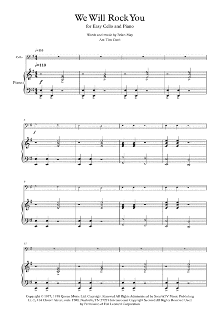 We Will Rock You Solo For Easy Cello And Piano Sheet Music