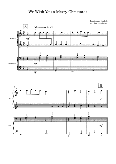 We Wish You A Merry Christmas Beginner Piano Duet Sheet Music