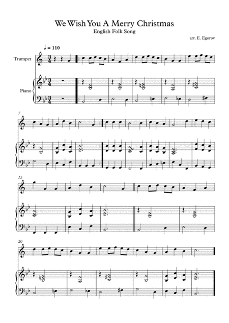 We Wish You A Merry Christmas English Folk Song For Trumpet Piano Sheet Music