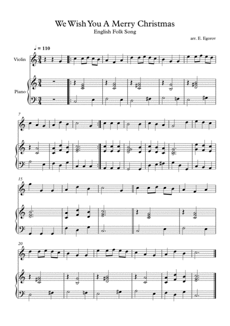 We Wish You A Merry Christmas English Folk Song For Violin Piano Sheet Music