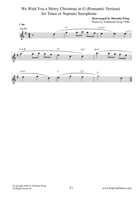 Free Sheet Music We Wish You A Merry Christmas In G Key Tenor Saxophone