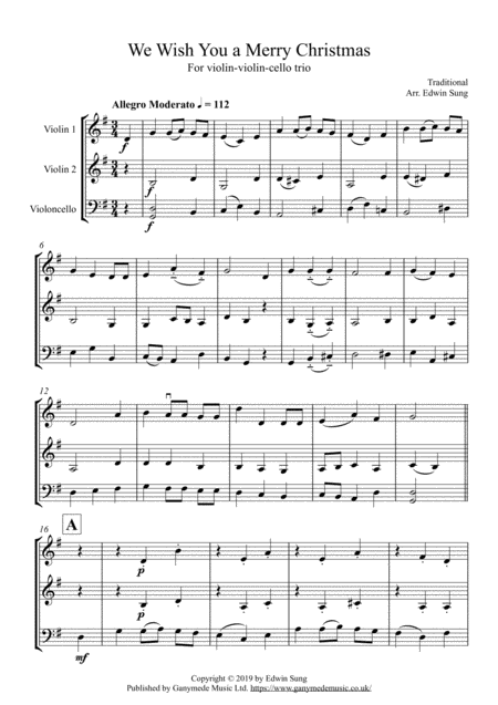 We Wish You A Merry Christmas Violin Violin Cello Trio With Part Scores Sheet Music