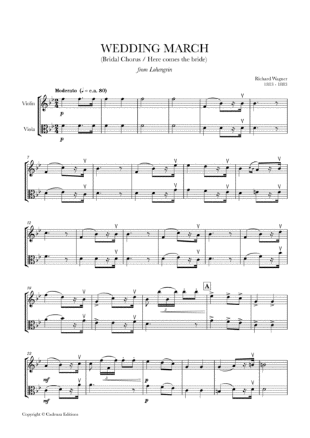 Wedding March Bridal Chorus Here Comes The Bride For String Duet Violin And Viola Sheet Music