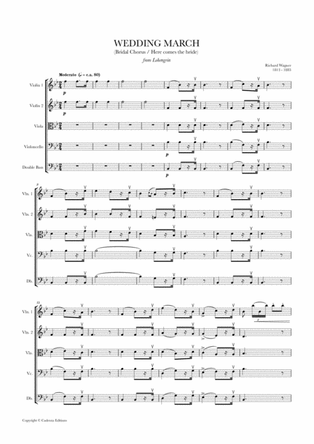 Wedding March Bridal Chorus Here Comes The Bride For String Quintet 2 Violins Viola Cello And Double Bass Sheet Music