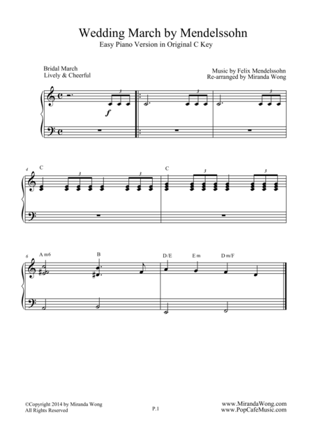 Free Sheet Music Wedding March By Mendelssohn Easy Piano Version With Chords