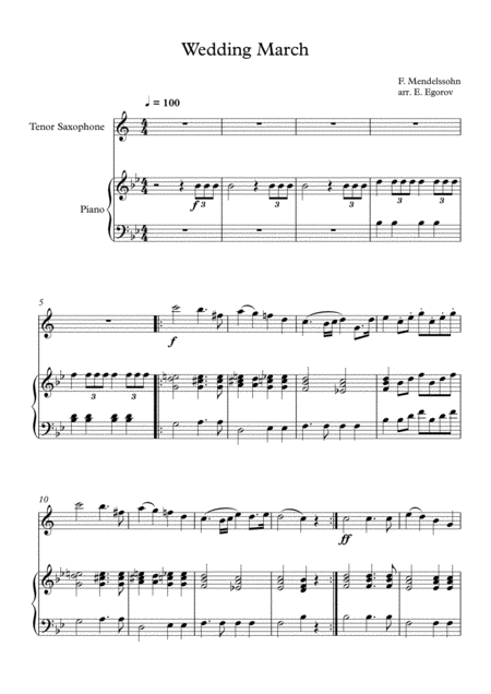 Wedding March Felix Bartholdy Mendelssohn For Tenor Saxophone Piano Sheet Music