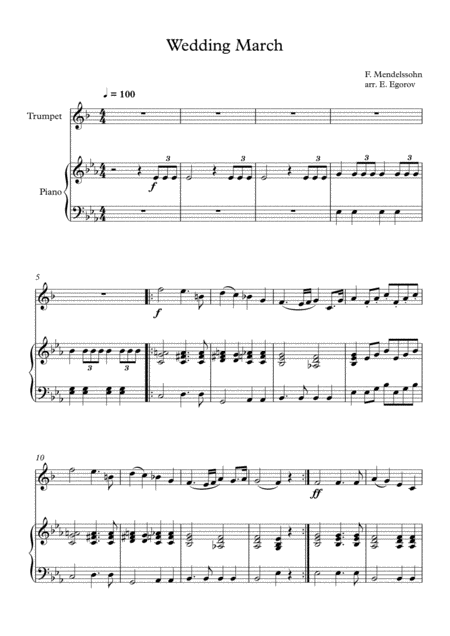 Wedding March Felix Bartholdy Mendelssohn For Trumpet Piano Sheet Music