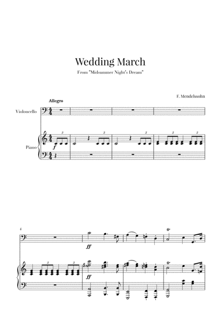 Wedding March For Cello And Piano Mendelssohn Sheet Music