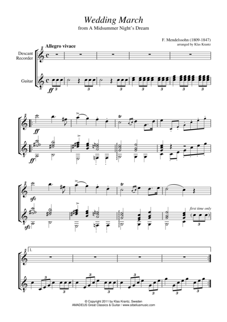 Free Sheet Music Wedding March For Descant Recorder And Guitar