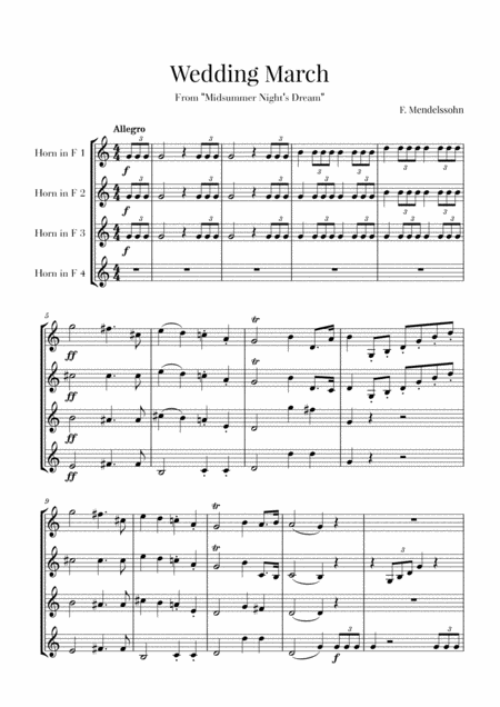 Wedding March For French Horn Quartet Mendelssohn Sheet Music