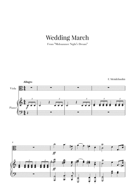 Wedding March For Viola And Piano Mendelssohn Sheet Music