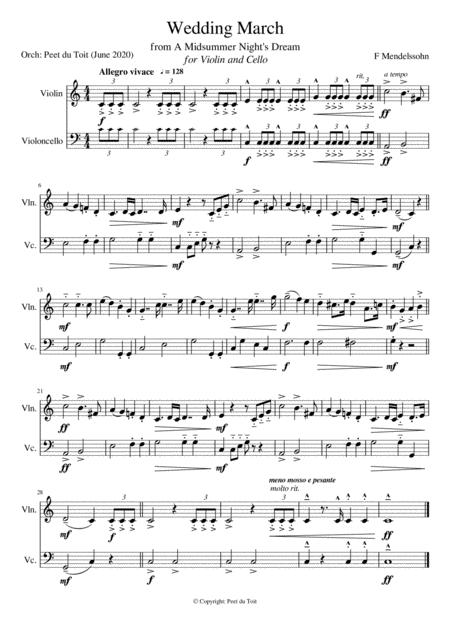 Wedding March From A Midsummer Nights Dream Op 61 F Mendelssohn Violin Cello Excerpt Sheet Music