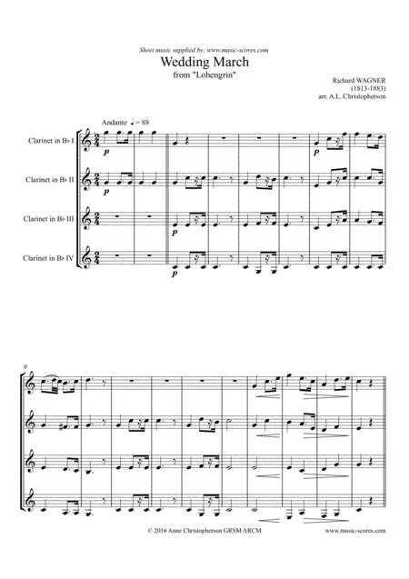 Wedding March From Lohengrin 4 Clarinets Sheet Music