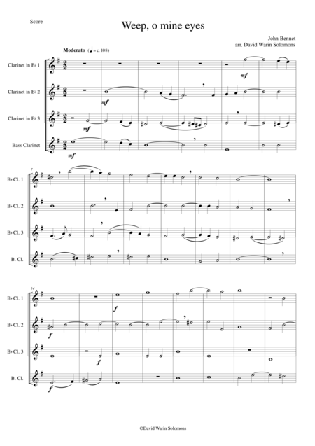 Weep O Mine Eyes For Clarinet Quartet 3 B Flat Clarinets And 1 Bass Clarinet Sheet Music