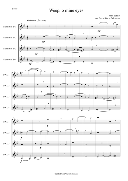 Weep O Mine Eyes For Clarinet Quartet 4 Equal Clarinets Sheet Music