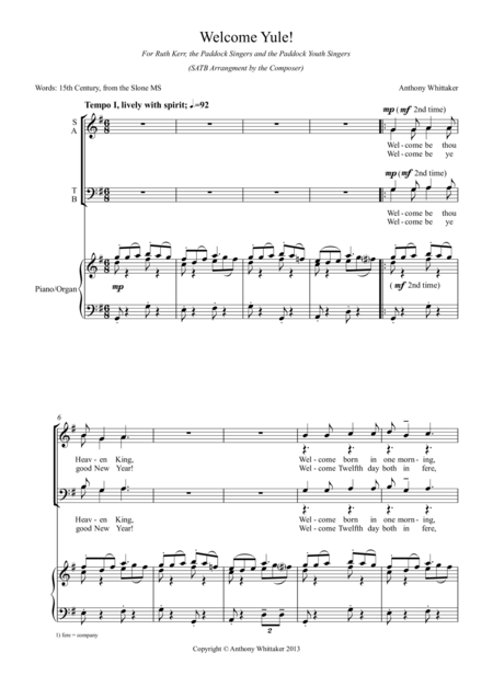 Free Sheet Music Welcome Yule Satb And Piano Organ