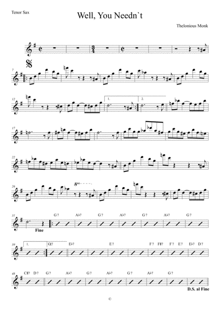 Well You Neednt Its Over Now Tenor Sax Sheet Music