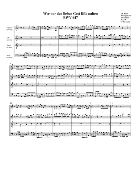 Wer Nun Den Lieben Gott Laesst Walten Bwv 647 Arrangement For 4 Recorders Sheet Music