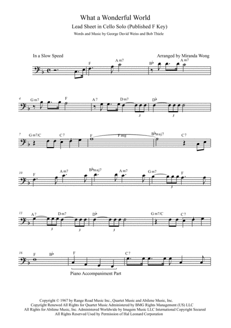 What A Wonderful World Cello Or Trombone Solo With Chords Sheet Music